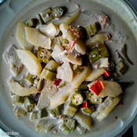 Wintermelon, okra, onion, sweet peppers, and tomatoes in a spicy coconut curry sauce